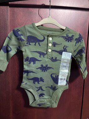 NWT Carters Green & Navy Dinosaur Long-Sleeve One-Piece Bodysuit/Onesie NB
